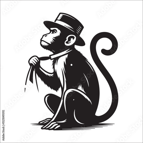Sophisticated Monkey in a Hat Vector Illustration: A dapper primate in a top hat, perfect for vintage designs, logos, and apparel.