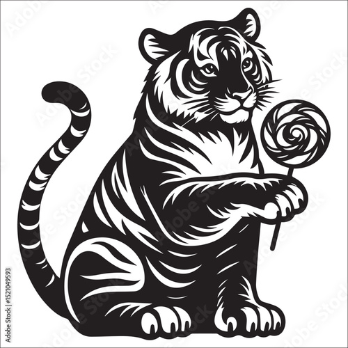 Majestic Tiger with Lollipop Sitting Cutely on White Background A Striking Black and White Illustration