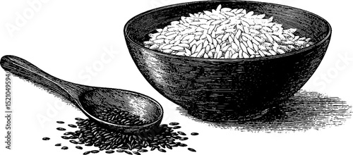 Engraved illustration of rice bowl and wooden spoon for culinary design and art projects