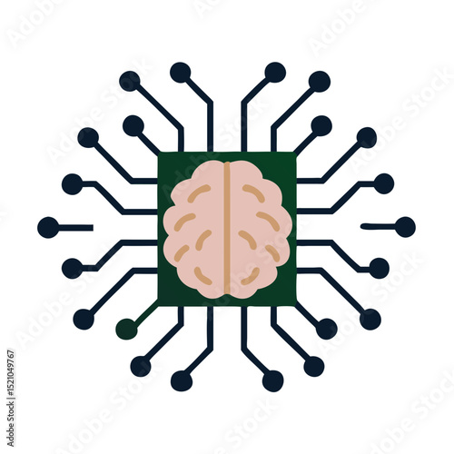 Brain connected to circuit lines icon in top-down view