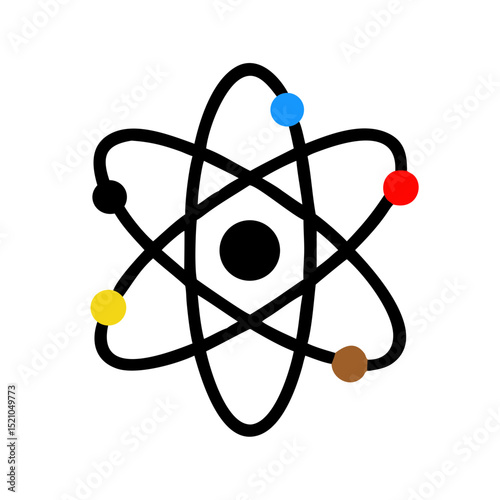 Black atomic icon with colorful dots and central nucleus