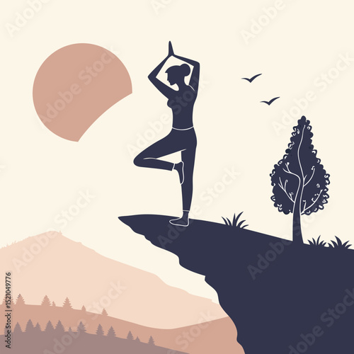 Silhouette of woman in tree pose on cliff with sun and birds in a peaceful landscape scene outdoors