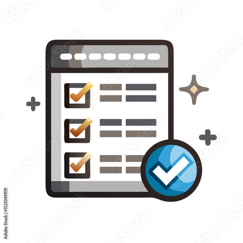 Complex checklist with golden checkboxes and blue circle icon