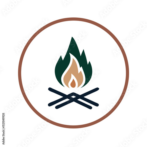 Campfire icon with green and orange flame on sticks