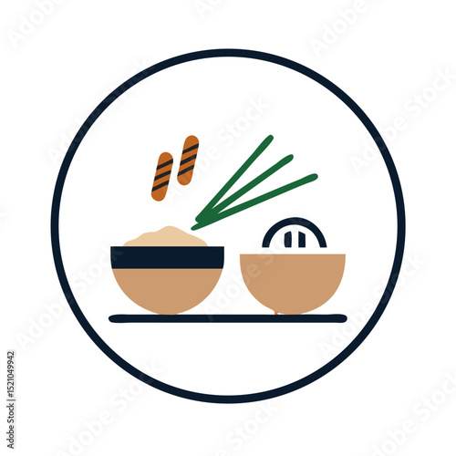 Two bowls of food with chives and breadsticks