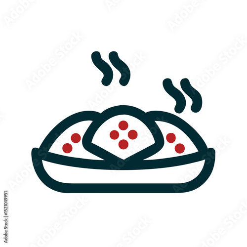 Hot food dish with steam and garnish dots