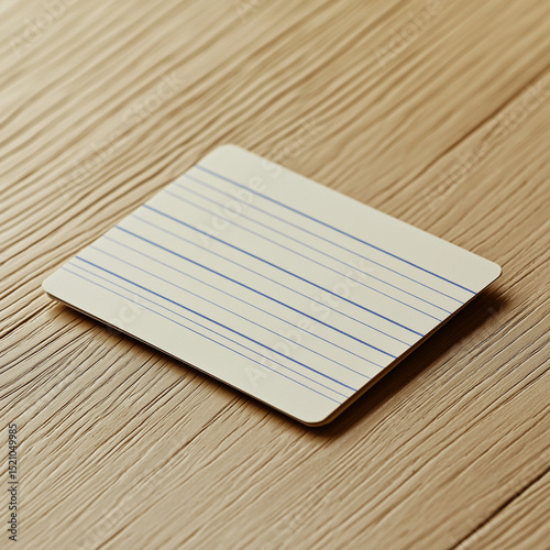 Unused library checkout card with horizontal blue lines and slight yellowing on smooth birchwood surface, side lighting, soft shadows, minimalist retro style, neutral tones with blue details