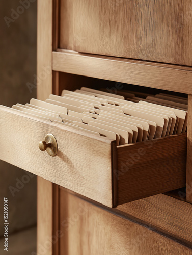Close-up of eco-crafted wooden card catalog drawer with brass handle and empty beige cards, on clean wooden surface, side morning light, vintage minimalist mood, honey wood and ivory tones