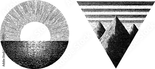 Vintage engraving of rising sun and geometric landscape scene for artistic design