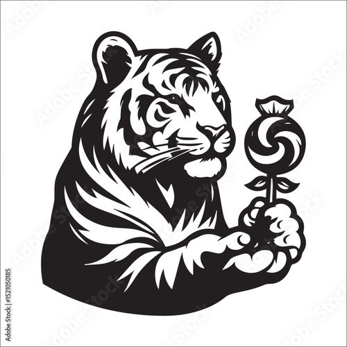 Majestic Tiger with Lollipop Sitting Cutely on White Background A Striking Black and White Illustration