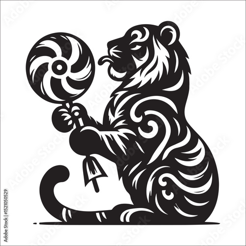 Majestic Tiger with Lollipop Sitting Cutely on White Background A Striking Black and White Illustration