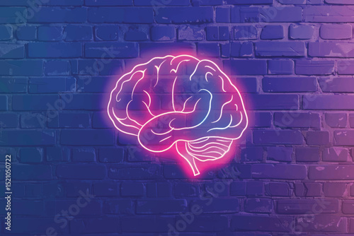 Vector illustration of neon human brain. Led sign. Vector isolated banner.  Science knowledge concept.