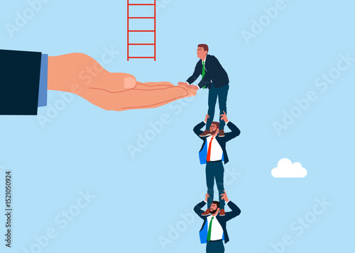 Business people employee holding each other on their shoulders. Business support. Business people and big hand help climb ladder of success, for business opportunity. Flat vector illustration