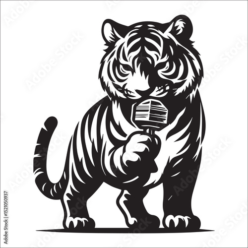 Majestic Tiger with Lollipop Sitting Cutely on White Background A Striking Black and White Illustration