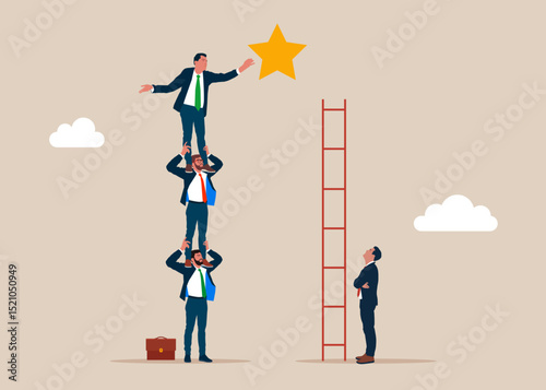 Business people employee holding each other on their shoulders. Unfair competition between businessman, inequality or privilege in business concept. Business vector illustration