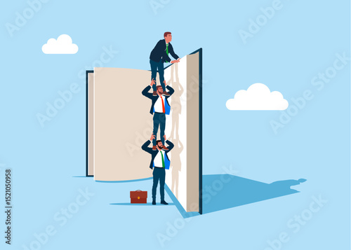 Business people employee holding each other on their shoulders. Wise worker on the top of the book. Knowledge steps to success, learning or study for skill development to achieve business success. 