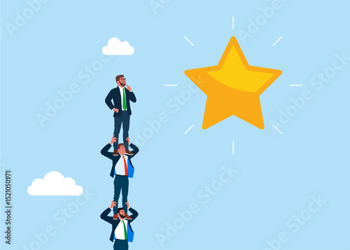 Business people employee holding each other on their shoulders about to cross to shining star. Business opportunity, ladder of success or aspiration to achieve business goal. Flat vector illustration