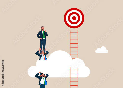 Businessmen holding each other on their shoulders. Businessmen climb without ladder wrong to reach success goal. Flat vector illustration 