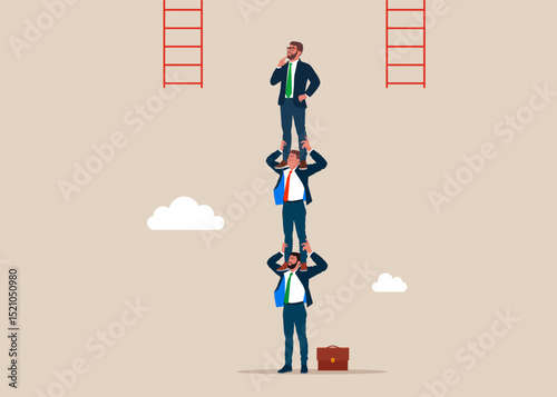 Business people employee holding each other on their shoulders. Business people hesitating choosing ladder to go higher ladder. Modern vector illustration in flat style