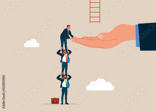 Business support. Business people employee holding each other on their shoulders. Business people help climb ladder of success, for business opportunity. Flat vector illustration