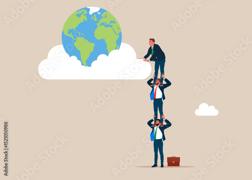 Business people employee holding each other on their shoulders. Success. Earth. Running on the growing world. Open the world of business. Modern vector illustration in flat style