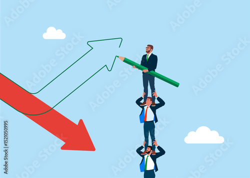 Business team employee holding each other on their shoulders and holding a pencil and draw green arrow rising up from red pointing down arrow. Flat vector illustration