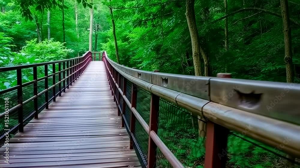 Scenic Wooden Bridge Walkway Through Lush Green Forest Scenery in Nature Scenic Wooden Bridge Walkway Through Lush Green Forest Scenery in Nature