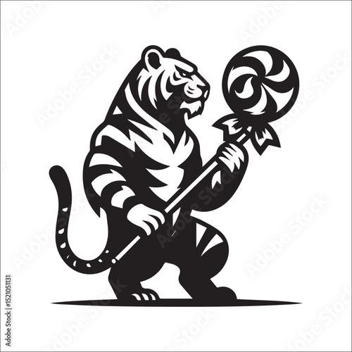 Majestic Tiger with Lollipop Sitting Cutely on White Background A Striking Black and White Illustration