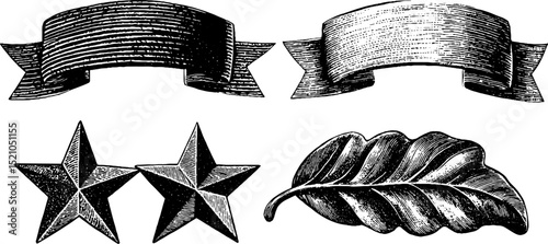 Vintage engraved set featuring ribbons, stars, and leaf design for decorative projects