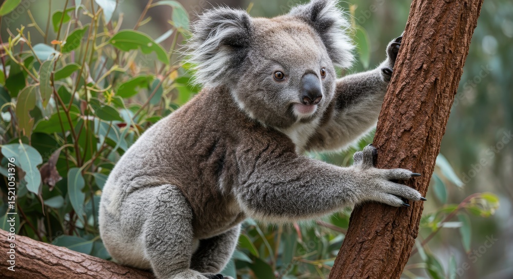 Naklejka premium Cute koala gracefully climbing a tree while surrounded by lush greenery, showcasing its unique features and playful demeanor in a natural habitat