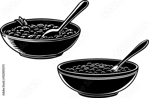 Silhouette of a bowl of cereal with a spoon. Bowl of puree food and stuck spoon, silhouette icons set. Black simple vector of porridge, 