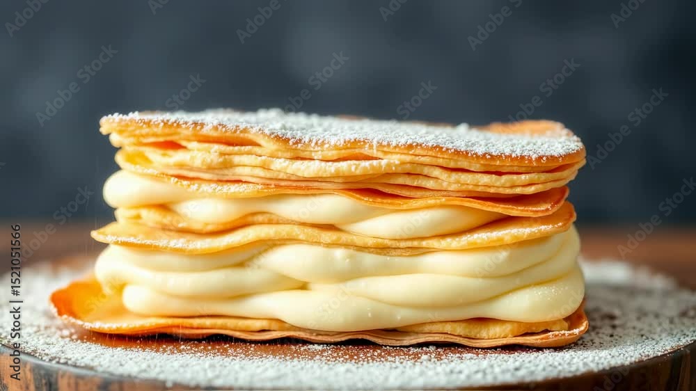 Delicious Mille-Feuille Pastry Dessert Preparation with Cream and Sugar Decoration