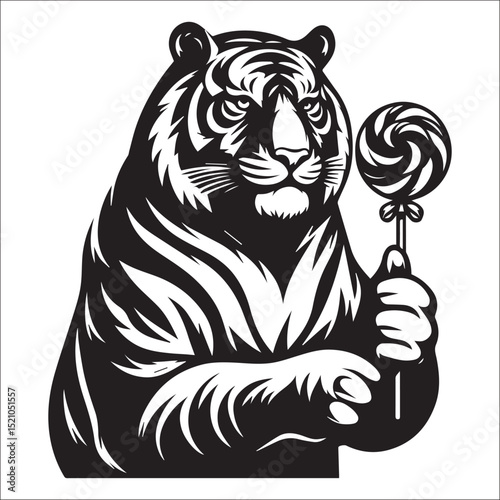 Majestic Tiger with Lollipop Sitting Cutely on White Background A Striking Black and White Illustration