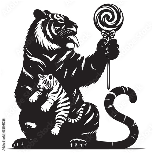 Majestic Tiger with Lollipop Sitting Cutely on White Background A Striking Black and White Illustration