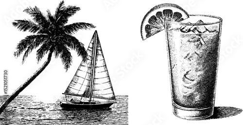Nautical adventure and tropical relaxation with sailboat, palm tree, and refreshing cocktail design
