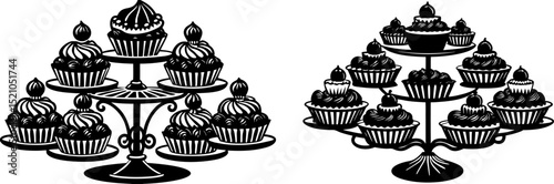 Silhouette of a cupcake stand with multiple cupcakes. Cake stand. Fill solid icon set. Dessert tier plate signs. Cupcake tower. Pastry serving tray. 