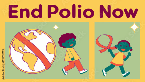 World Polio Day Poster Featuring Children Holding Globe With Red Awareness Ribbon And Sun Icon