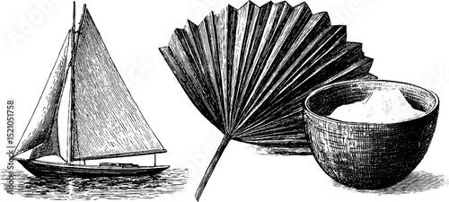 Vintage engraved sailboat, flag, and coconut illustration for nautical design