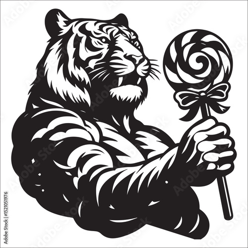 Majestic Tiger with Lollipop Sitting Cutely on White Background A Striking Black and White Illustration