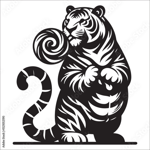 Majestic Tiger with Lollipop Sitting Cutely on White Background A Striking Black and White Illustration