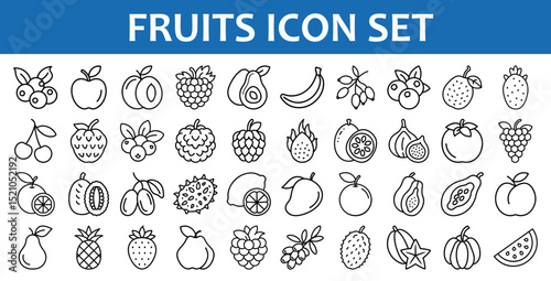 Outline Fruit Icons for Healthy Food Designs, Black and white line icon set of assorted fruits, ideal for nutrition apps, packaging, menus, and healthy lifestyle graphics.