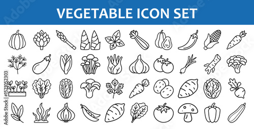 Outlined Vegetable Icon Set for Healthy Food Design, A collection of clean, outlined vegetable icons perfect for food packaging, menu design, apps, infographics, and healthy lifestyle branding.
