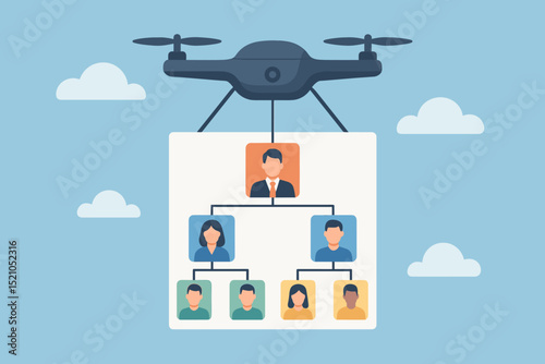 Drone carrying organizational chart concept. Hierarchical business structure, company management, team leadership, corporate workflow. Workforce planning, talent organization, technology delivery.