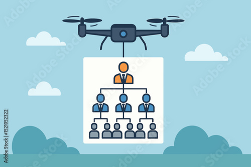 Drone Delivering Hierarchical Structure. Organization Chart. Business Management. Company Hierarchy. Corporate Structure. Streamlined Process. Efficient Workflow. Automation Concept.
