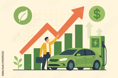 Electric Vehicle Stock Surge. Investment Growth in Green Energy. EV Charger Station, Financial Chart, Investor Success. Sustainable Transport. Eco-Friendly Car. Rising Trends