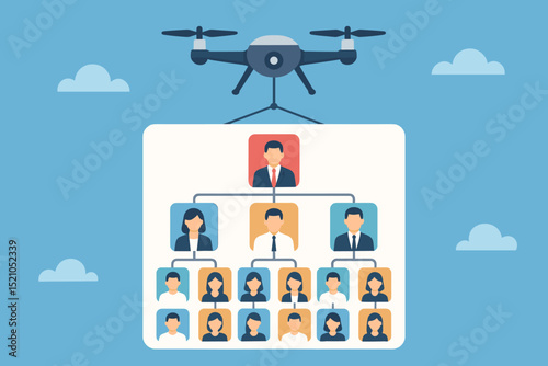 Drone delivering modern hierarchical structure illustration. Business organization chart concept. Corporate team leadership, management, and workforce planning. Technology in HR.