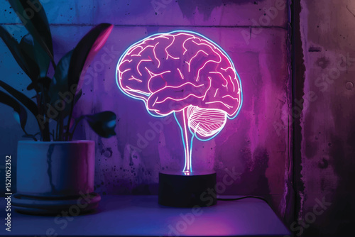 Vector illustration of neon human brain. Led sign. Vector isolated banner.  Science knowledge concept.