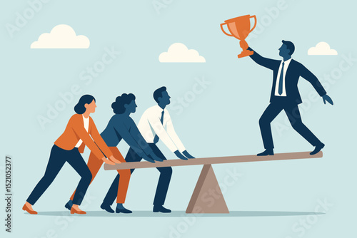 Collaborative leadership, teamwork impact. Business team pushes seesaw, elevating leader with trophy. Symbol of support, shared success, collective achievement, corporate synergy, victory.