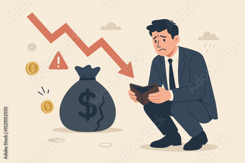 Financial crisis concept. Penniless businessman struggles with empty wallet, torn money bag. Economic downturn, bankruptcy, debt, market crash. Sad broke character, investment loss, poverty. Vector.