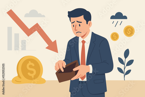 Penniless businessman with empty wallet faces financial crisis. Concept of bankruptcy, economic recession, debt, and investment loss. Sad man illustrates money problems and failure.